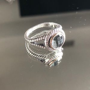 14k Gold + 925 Silver Rope Ring w/Gem Stone